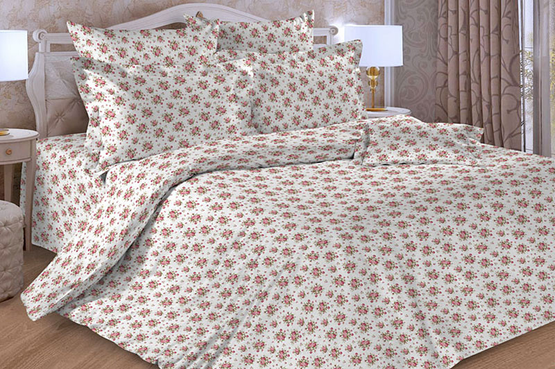 Белая Тейковская бязь Аркадия с мелкими красными цветочками Белая Тейковская бязь Аркадия с мелкими красными цветочками